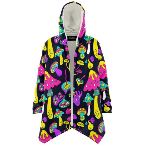 Neon psychedelic mushroom print draped cloak hoodie with sherpa lined hood, front view open