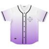 White to lavender ombre rave baseball jersey with crossed letter logo, front flat lay