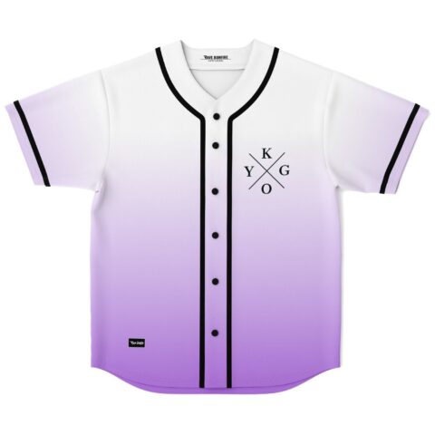 White to lavender ombre rave baseball jersey with crossed letter logo, front flat lay