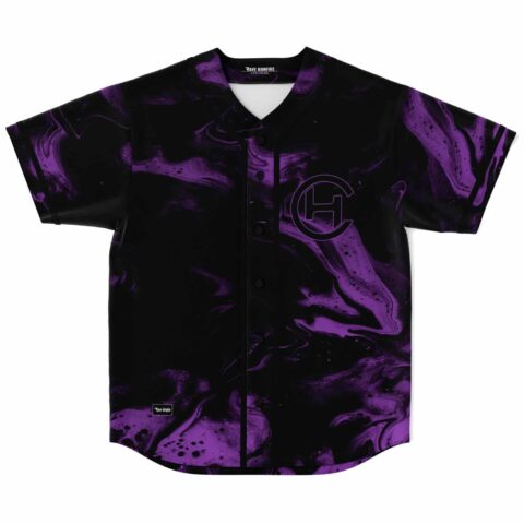 Purple swirling marble baseball jersey laid flat showing front button placket and C H logo