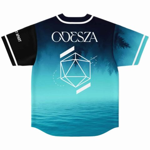 Back view showing ODESZA text above white icosahedron design over teal ocean gradient print