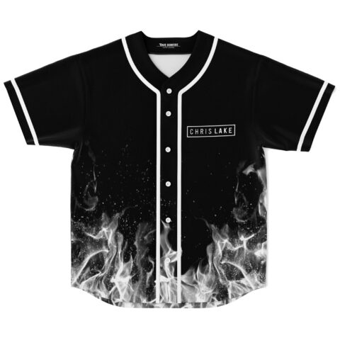 Black rising flames rave baseball jersey with Chris Lake box logo on front placket