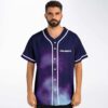 Man wearing dark navy cosmic nebula rave baseball jersey with Polarity text, front view