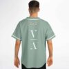 Model wearing sage wildflower rave jersey back view with V A lettering and Summer Gathering