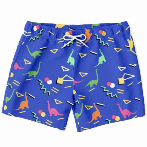 Royal blue rave swim trunks with retro dinosaur and geometric shapes print front view