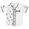 White rave baseball jersey with repeating deer skull print and jagged SVDDENDEATH text logo