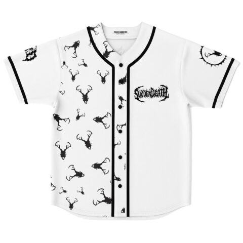 White rave baseball jersey with repeating deer skull print and jagged SVDDENDEATH text logo