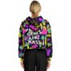 Back view of cropped hoodie with bold text and bright colors