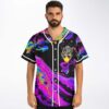 Model wearing black psychedelic liquid rave baseball jersey with fireball anime-inspired chest graphic