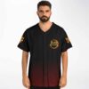 Model wearing black and red ombre rave baseball jersey front view with Bass Slayer logo
