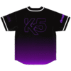 Black purple gradient rave jersey back view with outlined K5 logo and white trim buttons