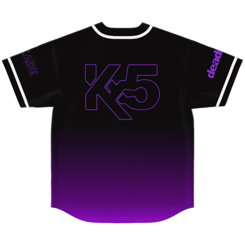 Black purple gradient rave jersey back view with outlined K5 logo and white trim buttons