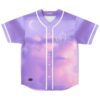 Front view of dreamy cloud print rave jersey with button placket and pink starry sky