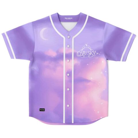 Front view of dreamy cloud print rave jersey with button placket and pink starry sky