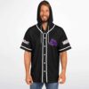 smiling man modeling black hooded rave jersey with purple mammoth chest logo front view