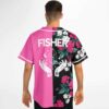 Model wearing Fisher split jersey back view, mystic hand and crystal graphic on pink side
