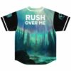 Black rave baseball jersey back print of glowing aurora spires and Rush Over Me text