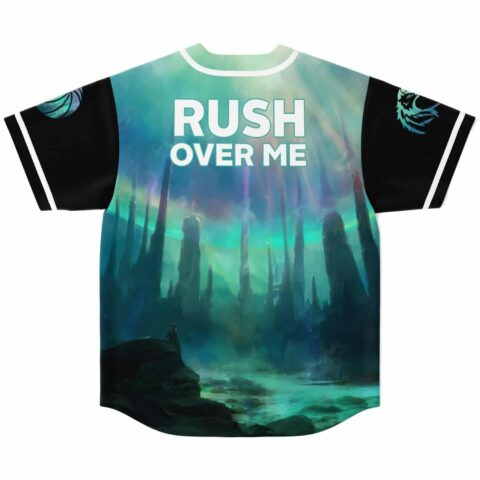 Black rave baseball jersey back print of glowing aurora spires and Rush Over Me text