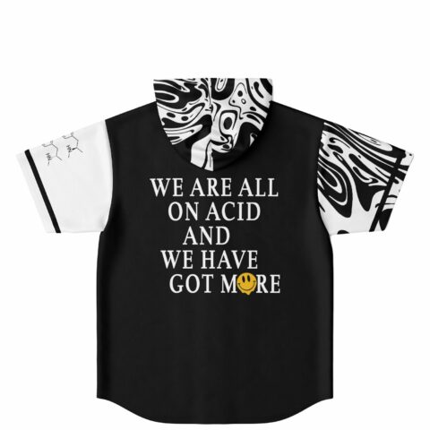 We Are All On Acid text print on back with molecule sleeve graphic flat lay