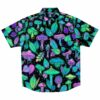 Black rave button-down shirt with colorful mushroom and leaf pattern