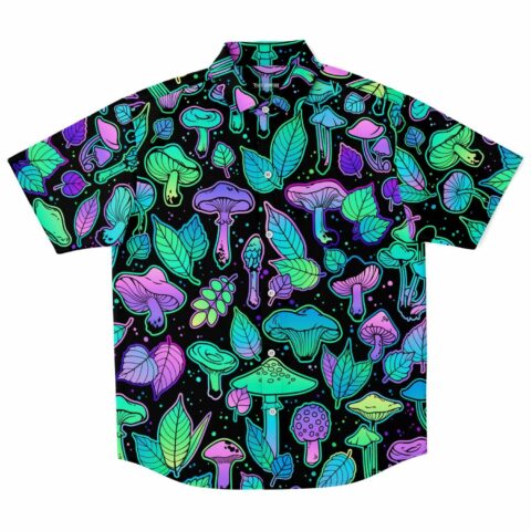 Black short-sleeve shirt with colorful mushroom and leaf pattern