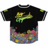 Black rave jersey back view with dense psychedelic mushroom print and Big Gigantic script text
