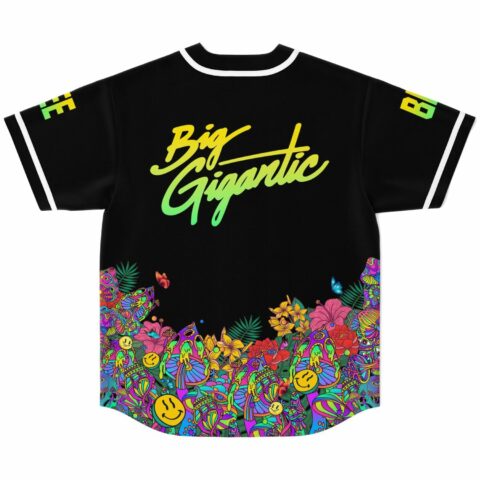 Black rave jersey back view with dense psychedelic mushroom print and Big Gigantic script text