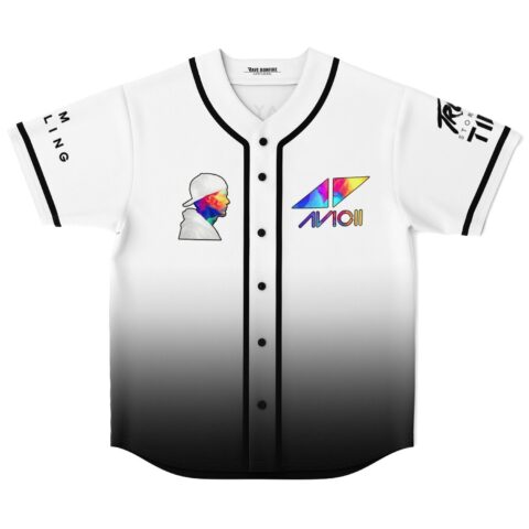 Rave baseball jersey with fade to black hem and colorful silhouette portrait patch on chest