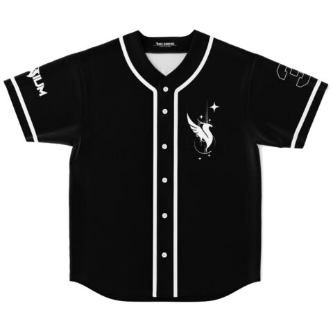 Black dachshund rave baseball jersey front view with winged crest logo and star accents