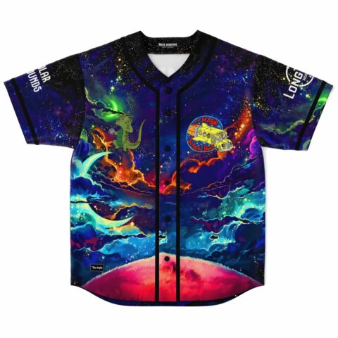 front view of cosmic galaxy jersey showing dragon and school bus patch over red planet