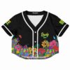 Front view of the black rave cropped baseball jersey with a playful graphic design
