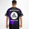 Model wearing purple black liquid marble rave baseball jersey back view with sleeve logo patches