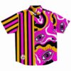 Colorful stripe and eye rave button-down shirt with bold stripes and eye graphics