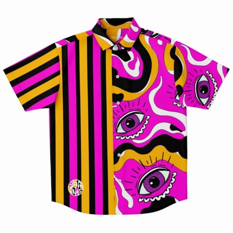 Colorful button-up shirt with bold stripes and eye design graphics