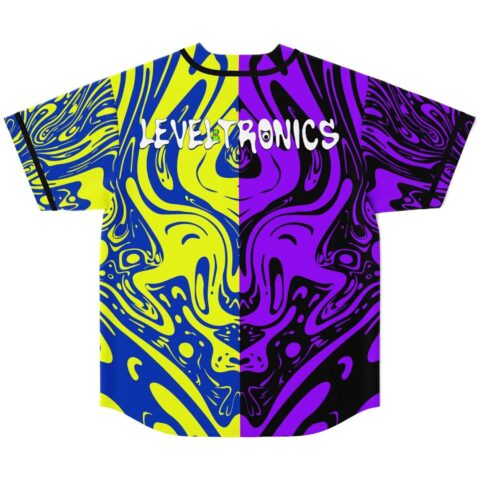 Back view of split psychedelic liquid print jersey with Leveltronics text across shoulders