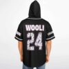 man wearing Wooli 24 hooded baseball jersey showing back print and sleeve lettering