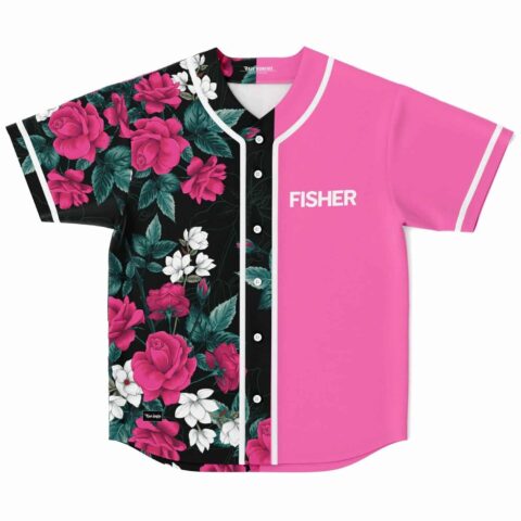 Fisher hot pink rave jersey folded flat, dark rose floral panel and pink FISHER panel