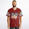 Male model wearing red hypnotic spiral op-art jersey front with sunglasses graphic