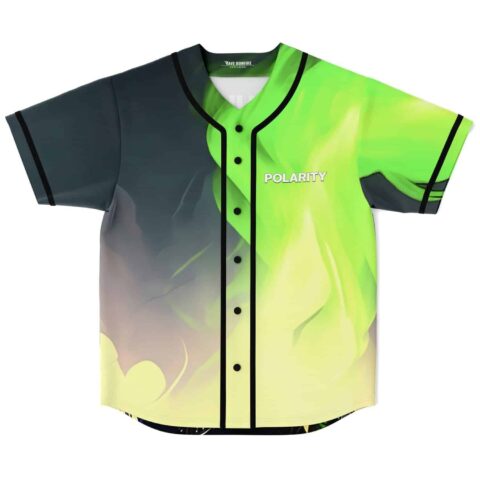 Polarity neon green flame rave baseball jersey laid flat front view