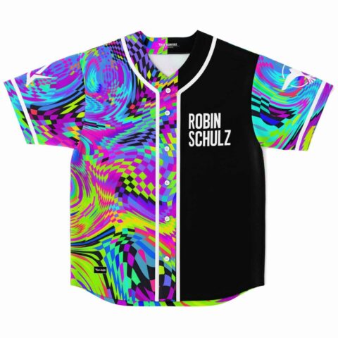 Warped checkerboard rave baseball jersey with black panel reading Robin Schulz, front view laid flat