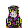 Back view of the rave sleeveless hoodie with a vibrant mushroom pattern and text