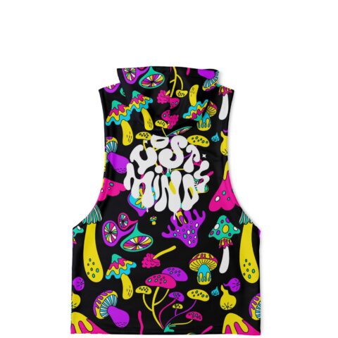 Sleeveless hoodie back view with vibrant mushroom pattern and text