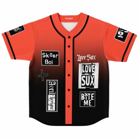 Orange to black ombre baseball jersey with Sk8er Boi and Love Sux patch collage