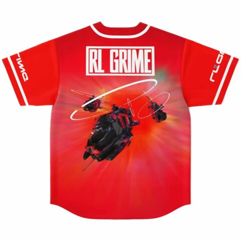 Red baseball jersey with exploding helicopter graphic and RL Grime text, back view flat lay