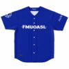 Royal blue rave baseball jersey with bold FMUOASL strikethrough text and compass logo sleeve