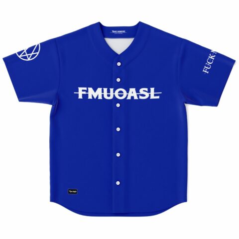 Royal blue rave baseball jersey with bold FMUOASL strikethrough text and compass logo sleeve