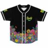 Black baseball jersey with neon mushroom garden print and Rowdy Town chest text front view