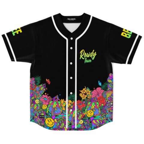 Black baseball jersey with neon mushroom garden print and Rowdy Town chest text front view