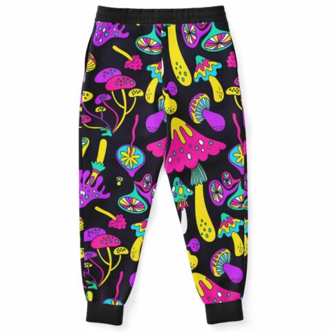Black psychedelic mushroom joggers back view showing drawstring waist and cuffed ankles