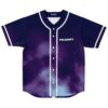 Purple and blue cosmic nebula rave baseball jersey with Polarity text, front flat lay